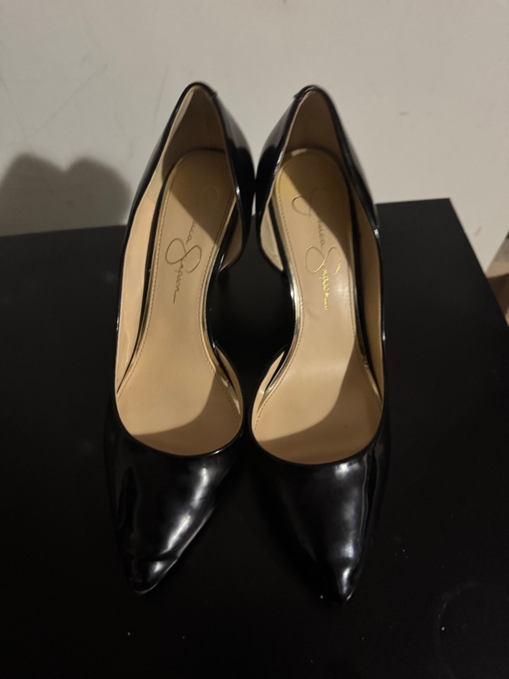 Jessica Simpson Black Patent Pointed Pumps with Nude Insole